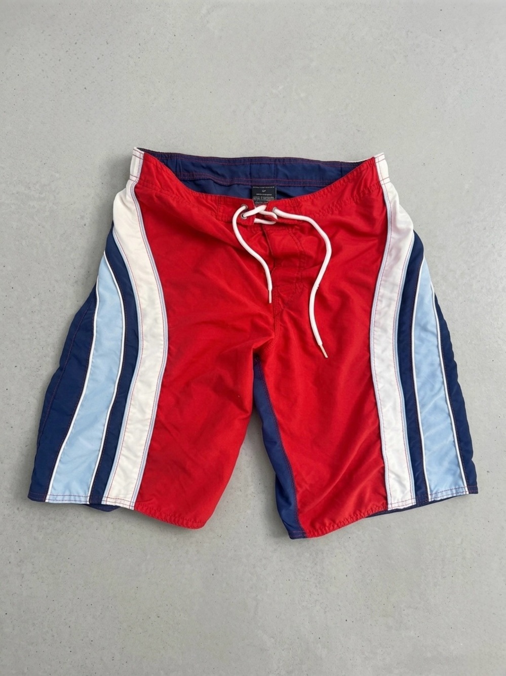 Vintage Tommy Hilfiger Red Swim Board Shorts with Navy & Light Blue Stripes